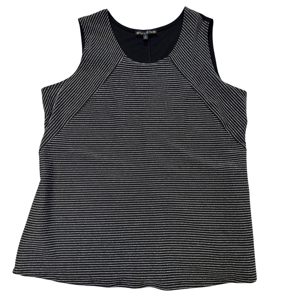 Suzie in the‎ City Woman Tank Top 1X Black Silver Metallic Striped Sleeveless